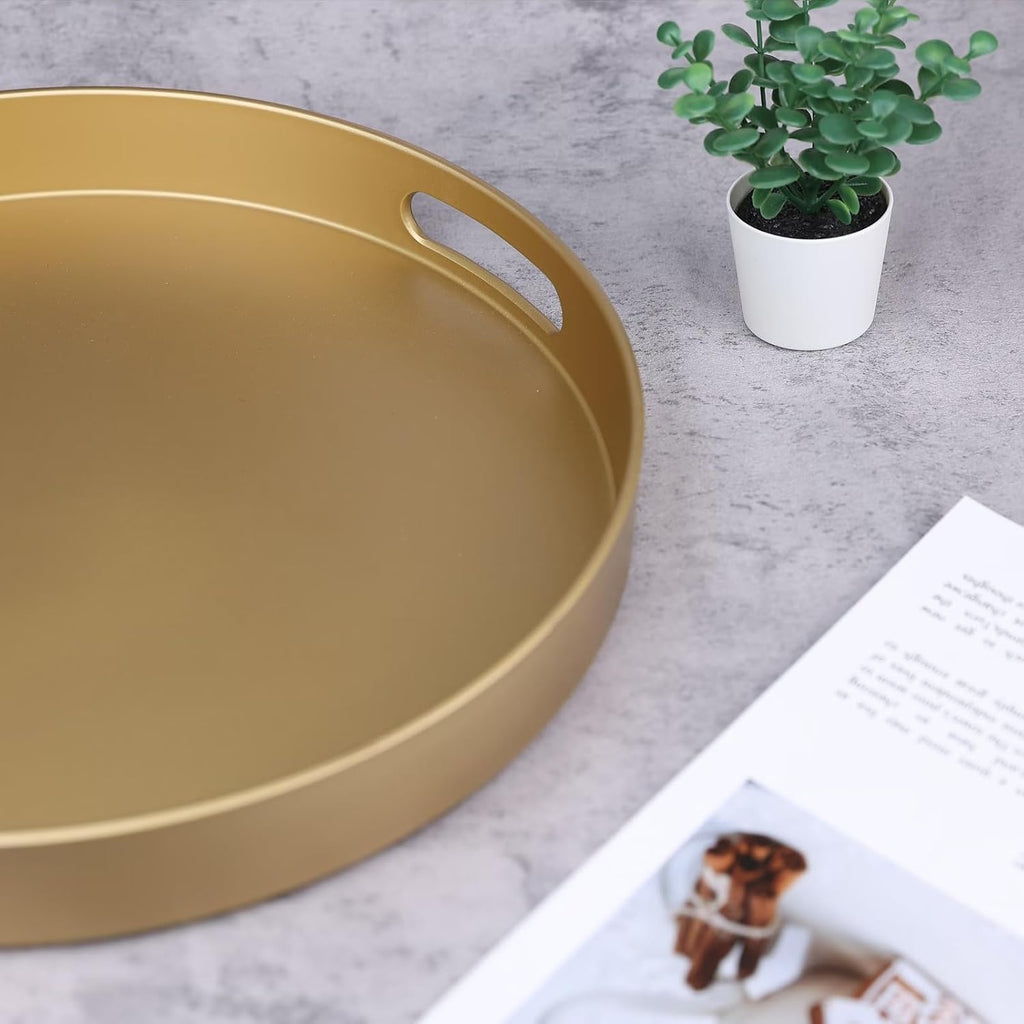 Round Gold Decorative Serving Tray With Handles
