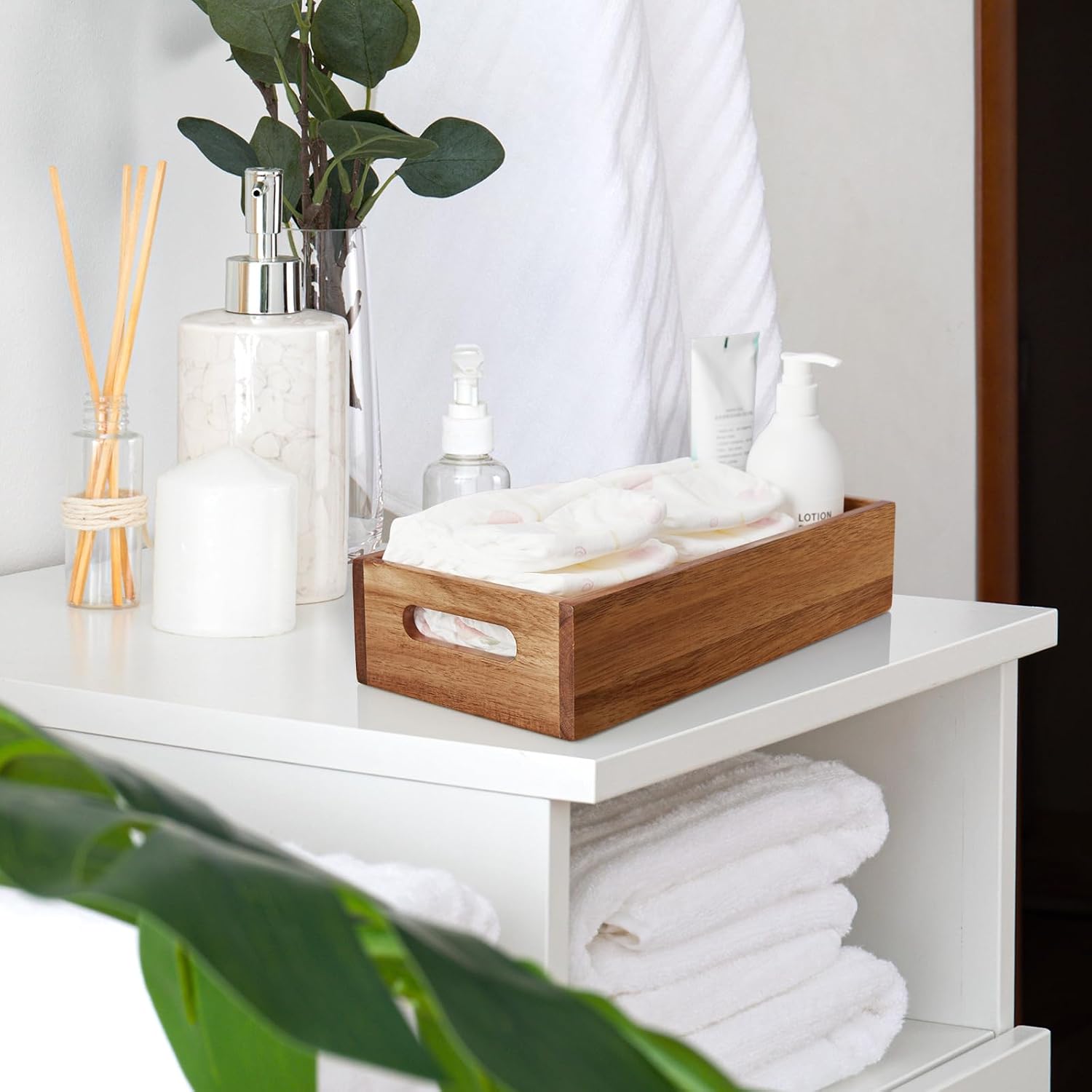 Acacia Wood Bathroom Storage Organizer Basket