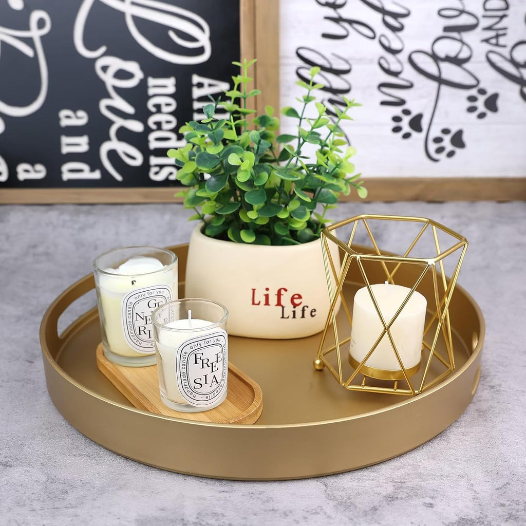 Round Gold Decorative Serving Tray With Handles