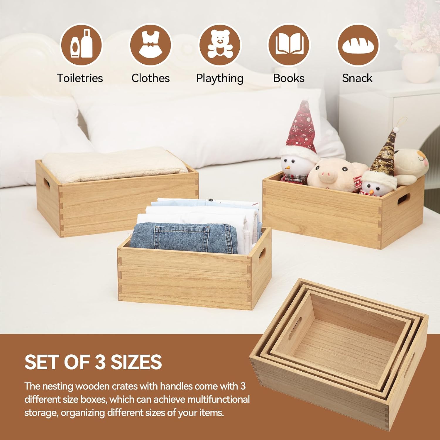 Nesting Wooden Storage Crate Set With Handles