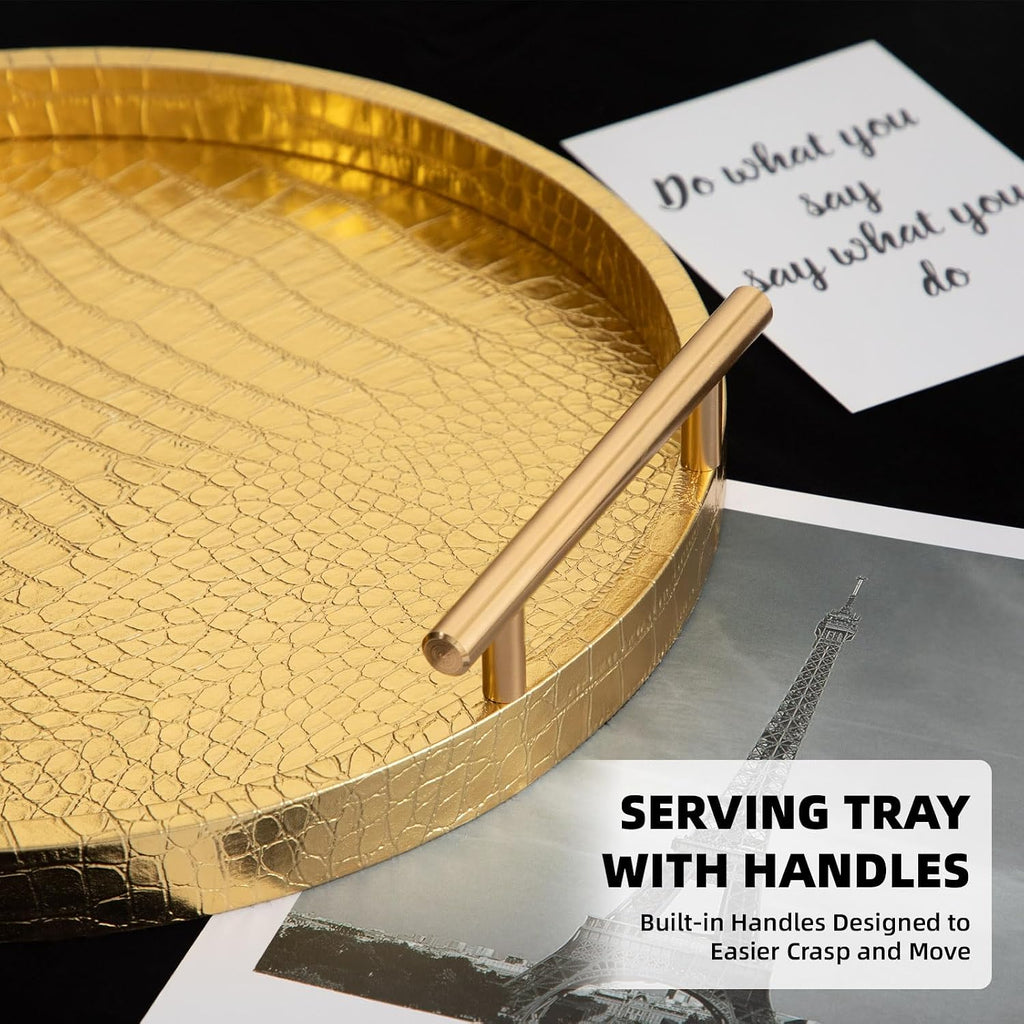 Round Leather Decorative Serving Tray Set