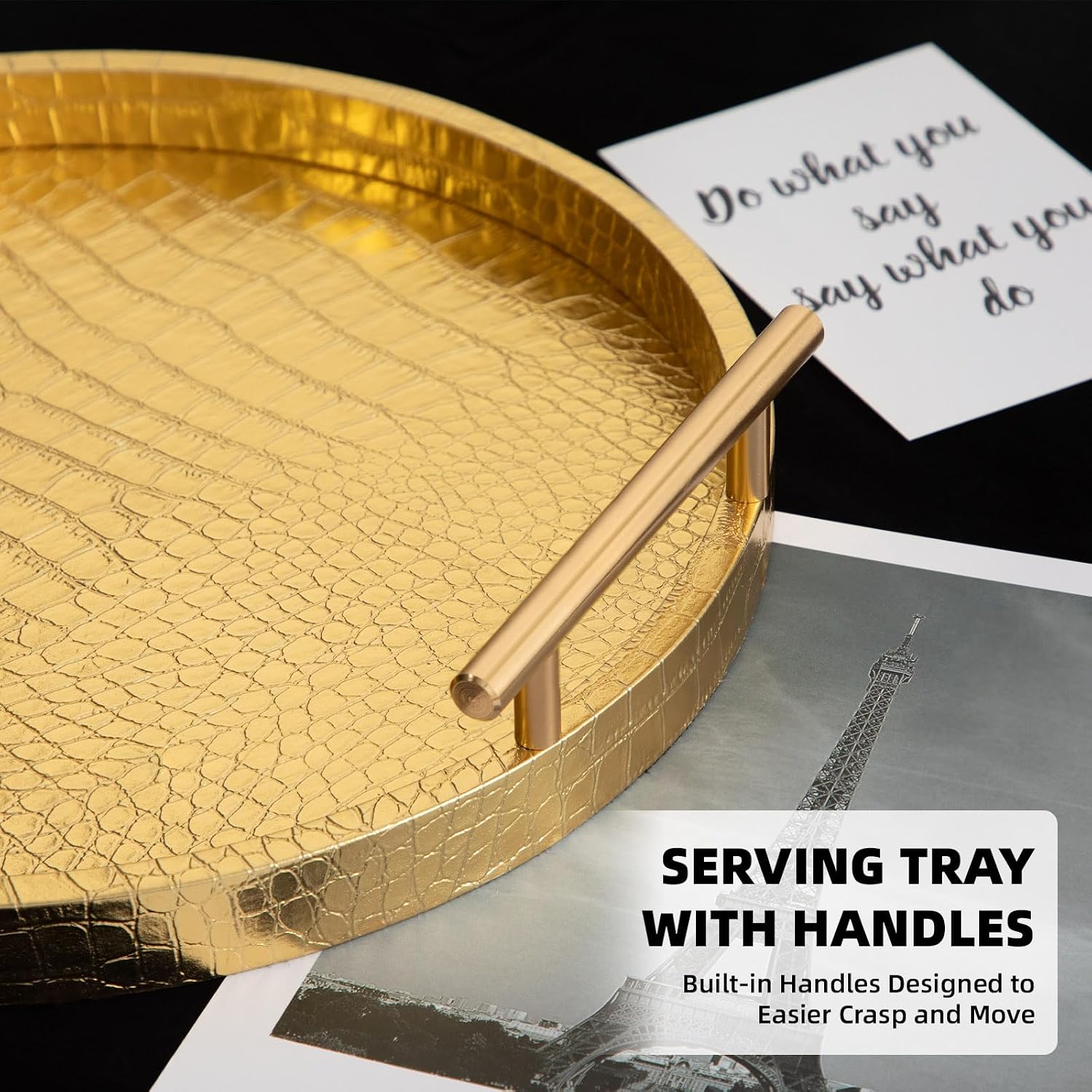 Round Leather Decorative Serving Tray Set
