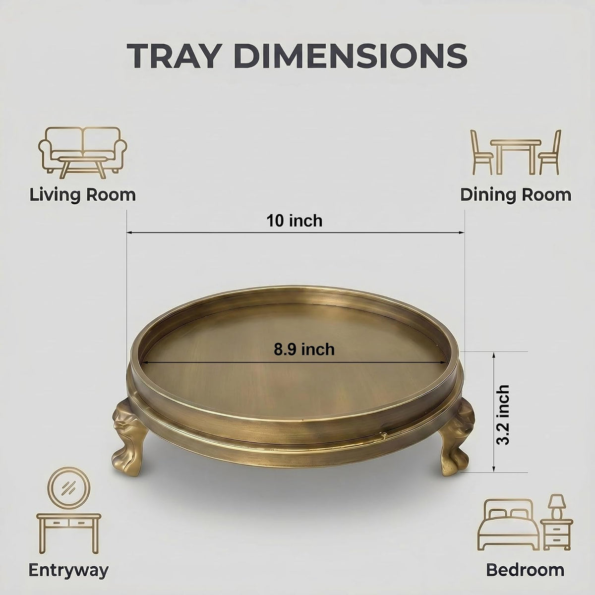 Round Vintage Brass Decorative Tray With Feet