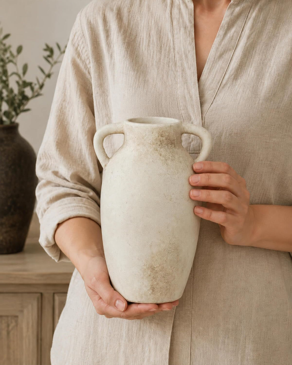 Beige Farmhouse Ceramic Vase With Handles