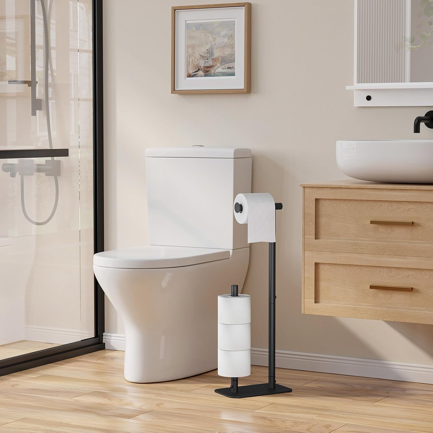 Black Freestanding Bathroom Toilet Paper Holder Stand