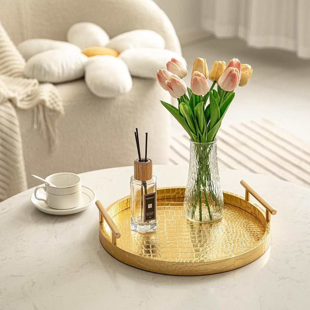 Round Leather Decorative Serving Tray Set
