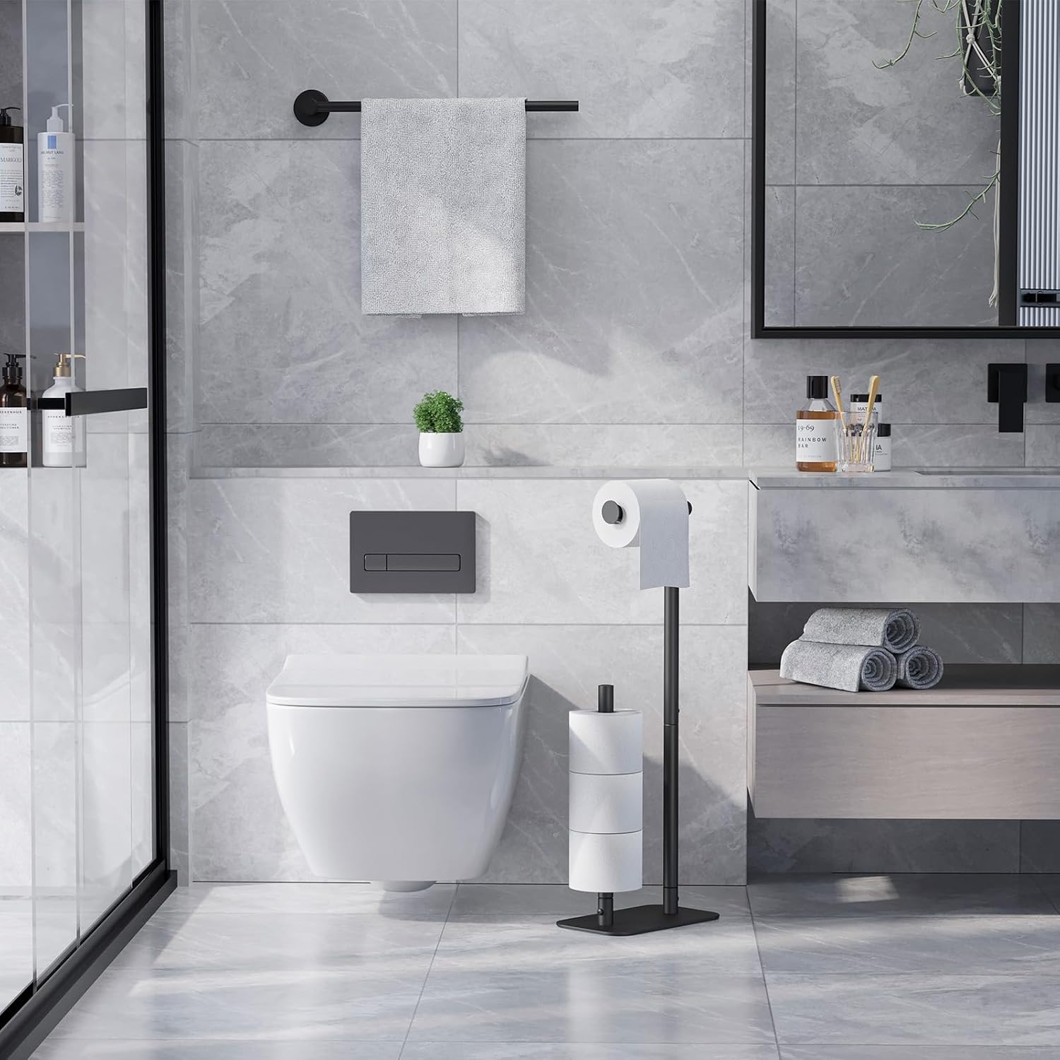 Black Freestanding Bathroom Toilet Paper Holder Stand