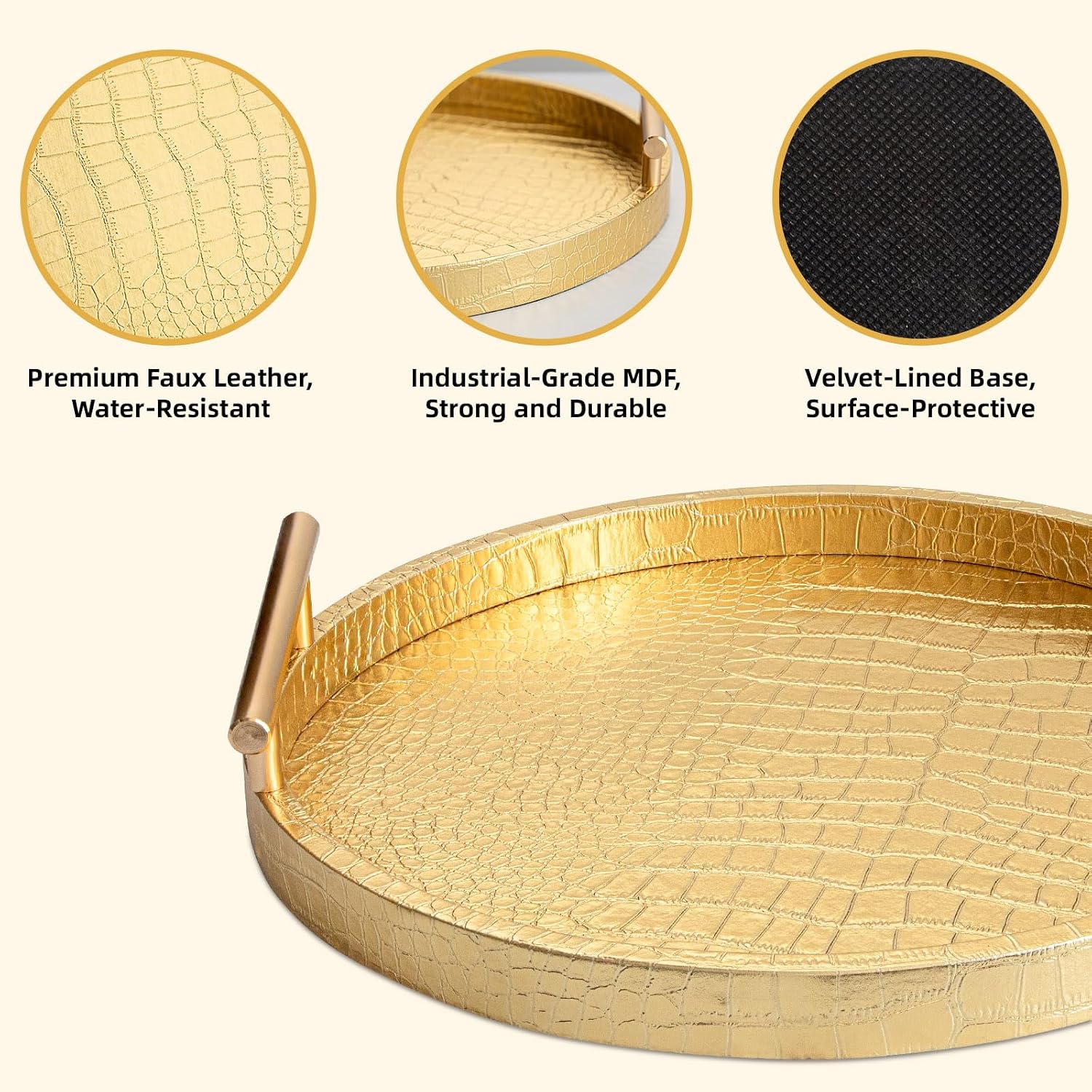 Round Leather Decorative Serving Tray Set