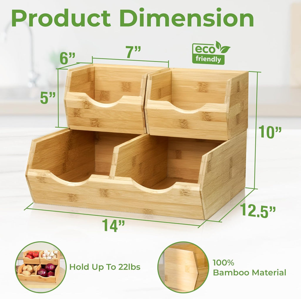 Stackable Bamboo Kitchen Storage Organizer Bins