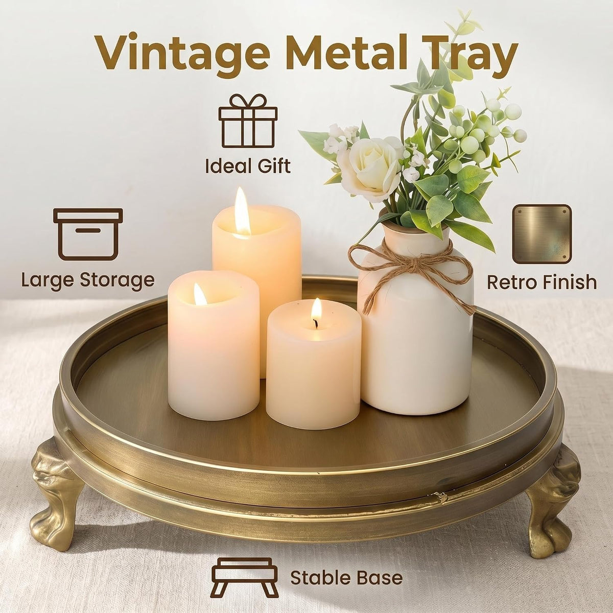 Round Vintage Brass Decorative Tray With Feet
