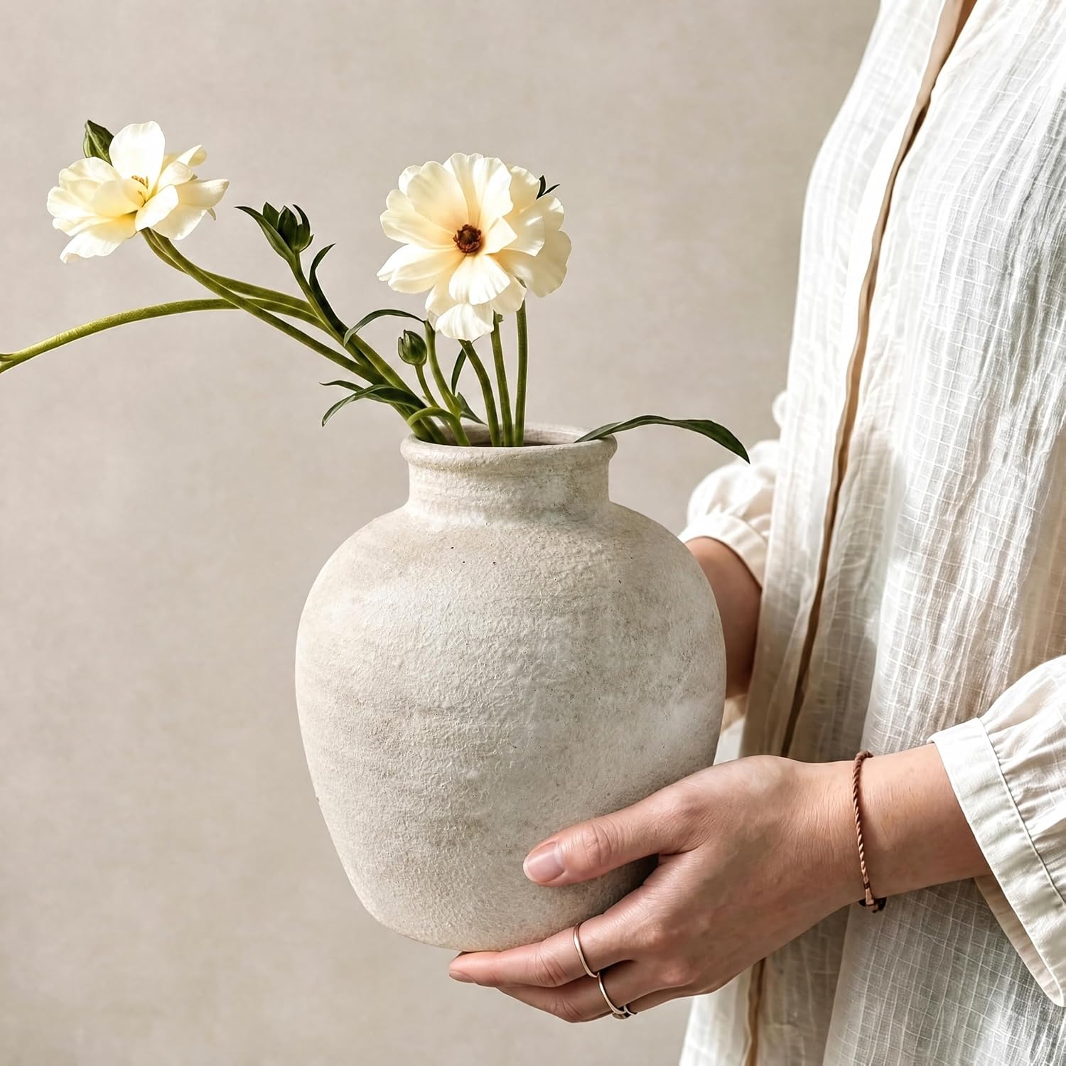 Beige Wabi‑Sabi Textured Ceramic Flower Vase