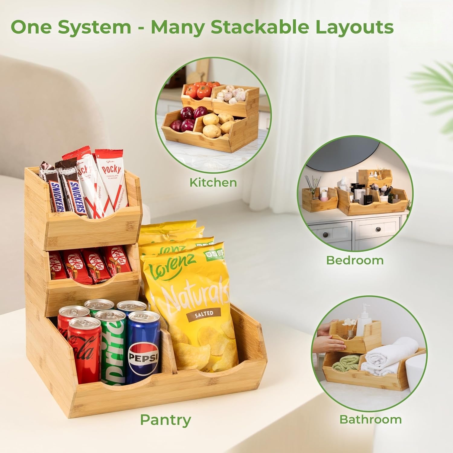Stackable Bamboo Kitchen Storage Organizer Bins