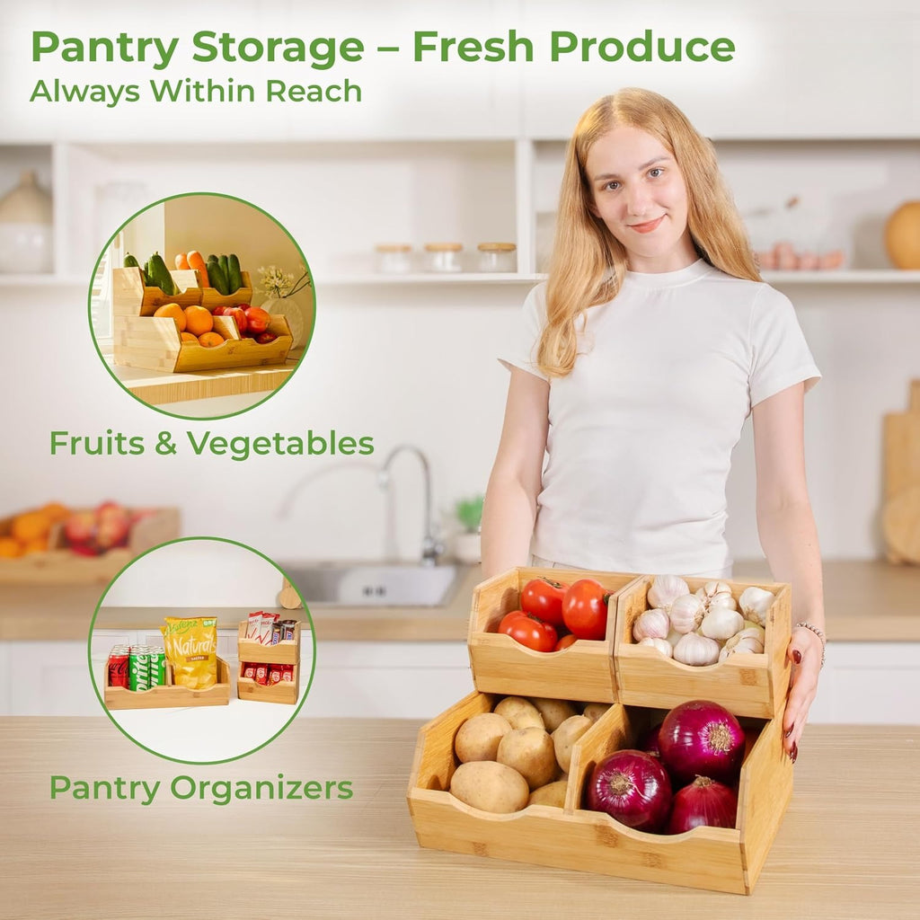 Stackable Bamboo Kitchen Storage Organizer Bins